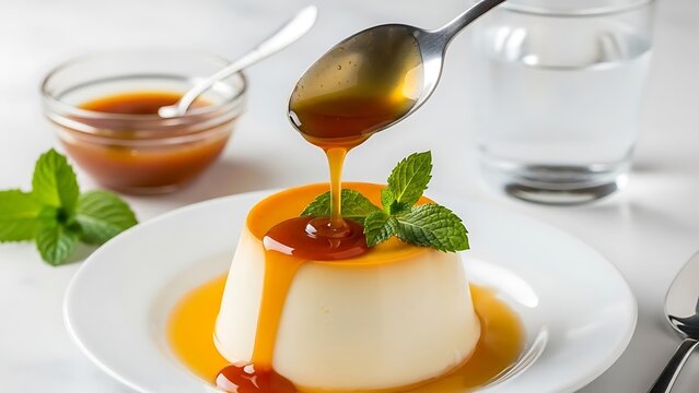 Pouring caramel sauce over a creamy flan dessert garnished with mint - Powered by Adobe