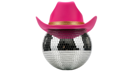 Shiny disco ball with pink cowboy hat isolated PNG, fun party decoration for festive events and celebrations on transparent background