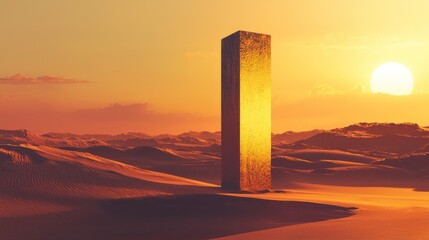 Monolith in a desert landscape at sunset, science fiction concept.