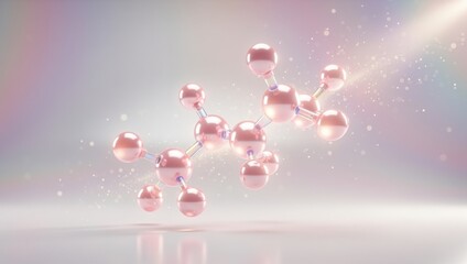 Glutathione molecular structure depicted with pearlescent pink spheres against a soft iridescent pearl gradient, creating a glowing and magical ambiance.