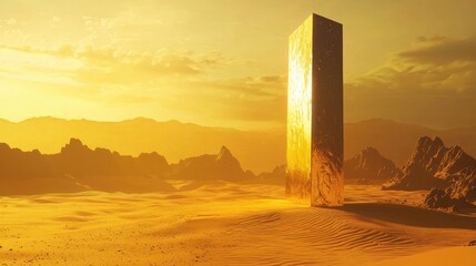Monolith in a golden desert landscape, evoking mystery and wonder.
