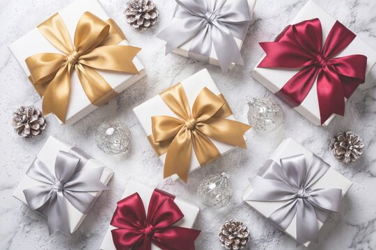Festive Christmas gift boxes wrapped with a red satin ribbon and gold bow