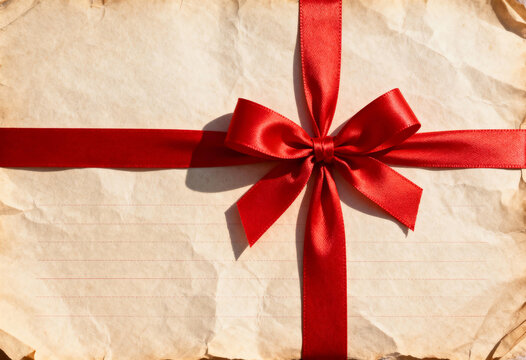 Vintage paper background with a red gift ribbon and bow. Christmas holiday invitation or letter concept. Flat lay with copy space - Powered by Adobe