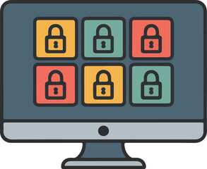 Computer monitor displaying six colorful padlock vector icons representing digital security and online privacy.