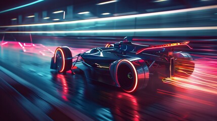 Futuristic Race Car Blazing Through a Neon-Lit Track at High Speed