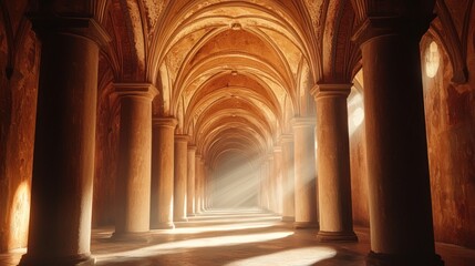 Sunlit Grandeur - A Majestic Hallway with Arched Ceilings and Columns.