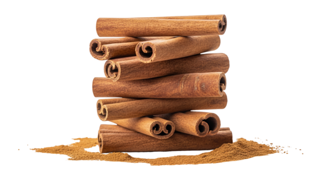 Fragrant cinnamon sticks and powder isolated PNG, aromatic spice for culinary use and holiday baking on transparent background