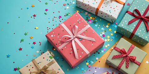 Colorful gift boxes with ribbons and confetti on pastel background for holiday celebration .
