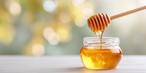 Honey dipper dripping into glass jar