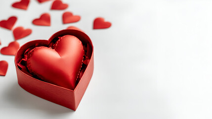 Red hearts fill a heart-shaped box against a white background. Soft lighting adds depth. Use it for Valentine's Day cards, romance, or social media posts.