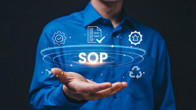 Person holding digital SOP interface with icons for process, approval, and sustainability on dark background