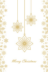 Minimalist gold snowflakes vector Christmas card template; Elegant winter holiday line art border; Merry Christmas greeting illustration