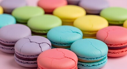 Fototapeta premium Assortment of colorful French macarons with cracked shells cookies pastries pastry