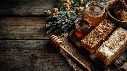 Fototapeta premium Natural Honey and Honeycomb with Flowers on Rustic Wooden Table