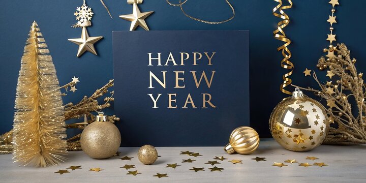 Stylish Christmas composition with golden baubles, ribbon, pinecones and snowflakes on dark blue background with stars and copy space.