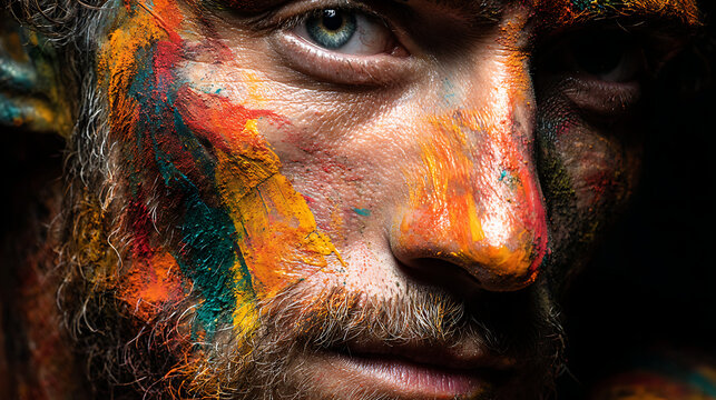 A close-up view of a man with vibrant face paint showcasing hues of orange, blue, and green. The artistic expression captures his intense gaze and textured beard in low light.