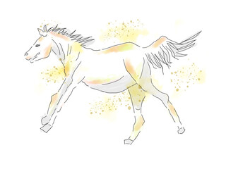 水彩で描いた白馬のイラスト（走る馬・やさしい線画タッチ）
Watercolor Running Horse Illustration (Light Line Art & Soft Splash Colors)