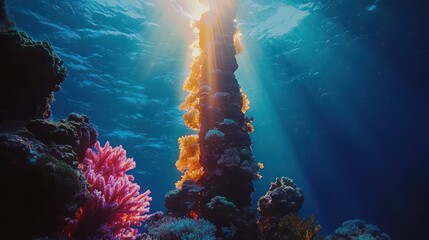 Underwater coral reef illuminated by sunlight, vibrant marine ecosystem.