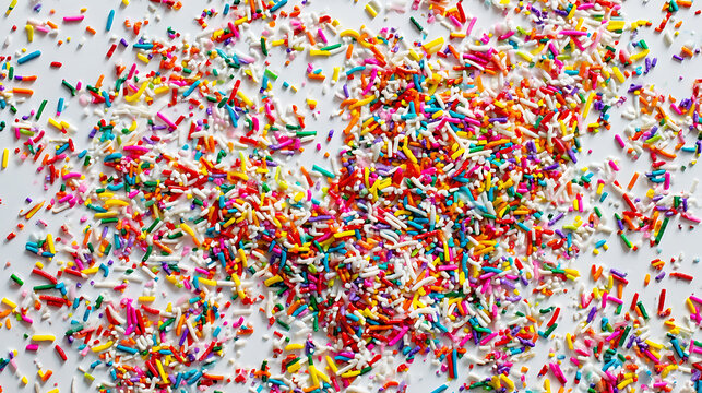 A vibrant mix of rainbow sprinkles is spread across a white surface. The colorful toppings are perfect for decorating cupcakes, cakes, and other desserts during celebrations and gatherings. - Powered by Adobe