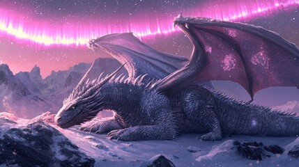 Majestic Dragon Resting Under the Aurora Borealis in a Snowy Landscape.