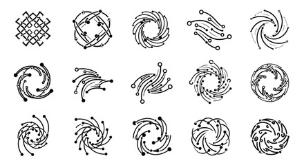 Circular geometric swirl and mandala icon set with intricate rotating patterns and symmetrical decorative line elements