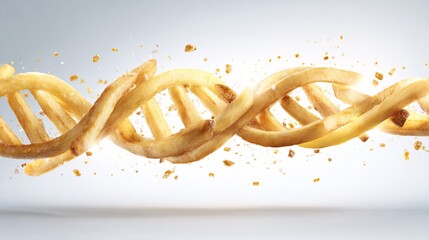 Golden French Fries Twisted into DNA Helix with Flying Crispy Crumbs