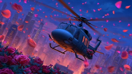 Romantic Helicopter Flight Over City Skyline with Floating Rose Petals at Dusk