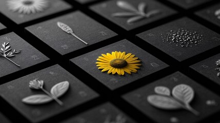 Minimal Black Botanical Panels Featuring a Highlighted Yellow Flower