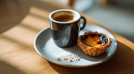 Artisan Coffee and Egg Tart with Soft Natural Light