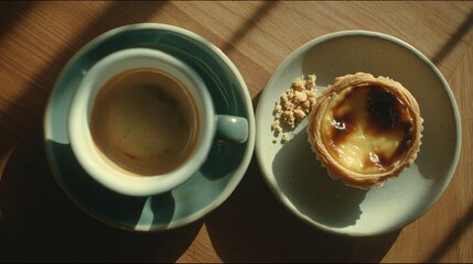 Warm Morning Coffee and Portuguese Egg Tart in Soft Sunlight