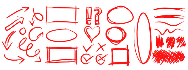 vector illustration of a red arrow, red soft oil brush, illustration hand drawn icons or elements set with circles frames, arrows, heart, check mark, textures and lines isolated on white 