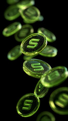 Glowing neon-green translucent orbs shimmering in the dark space