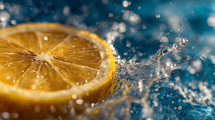 A vibrant lemon slice is surrounded by splashes of clear water, creating a lively scene full of energy and freshness, perfect for evoking summer vibes and thirst-quenching sensations.