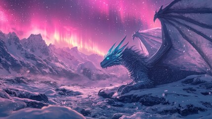 Majestic Ice Dragon Resting Under the Aurora Borealis in a Snowy Landscape.