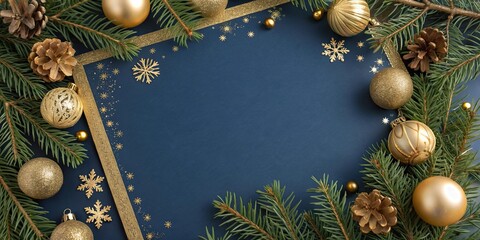 Elegant Christmas background with gold ornaments, fir branches, pine cones. and snowflakes on dark blue backdrop with copy space.