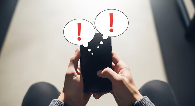 Person holding smartphone with warning notifications appearing as speech bubbles