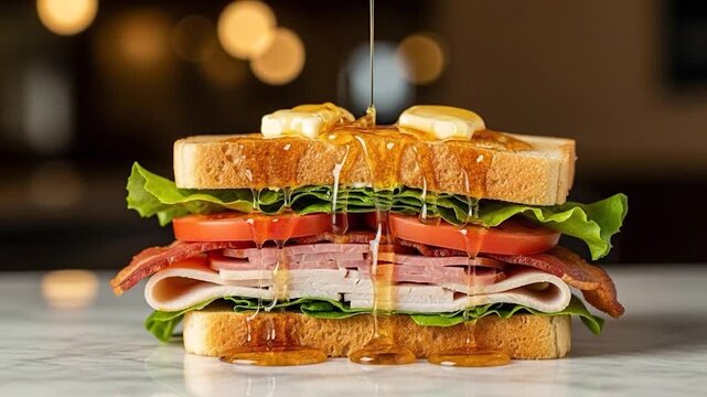 Gourmet sandwich with honey and butter pouring over fresh ingredients