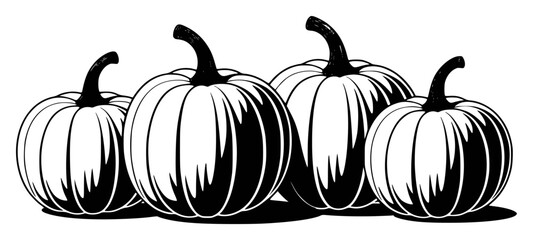 A Stylized Black and White Illustration of Four Pumpkins in a Row