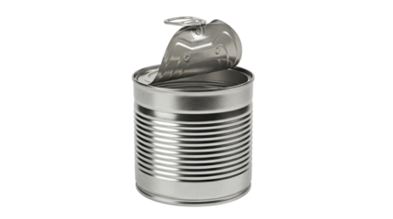 Open silver metal tin can PNG isolated on transparent background, canned food container for storage and preservation, kitchenware object