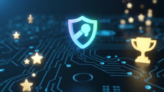 Cybersecurity success concept with a glowing shield icon representing digital protection and a trophy award for achievement on a futuristic data circuit board. My Video