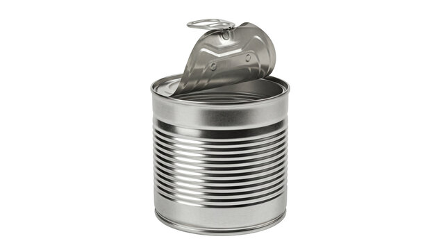 Open silver metal tin can PNG isolated on transparent background, canned food container for storage and preservation, kitchenware object