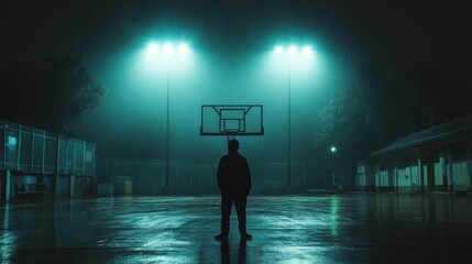 Basketball silhouette at night court, low angle spotlight
