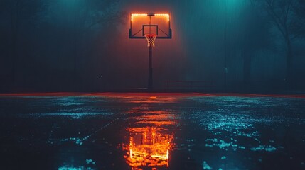 Basketball silhouette at night court, low angle spotlight