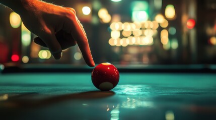 Billiard table close-up, hand placing cue ball 