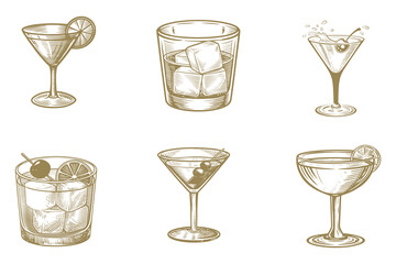 Vintage old fashioned, Manhattan, martini, daiquiri, collection vector illustration. Scotch, brandy or liquor alcohol drinks. Bar menu design elements. Eps 10
