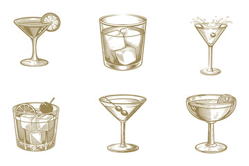 Alcoholic cocktails hand drawn vector illustration. Whiskey bottles and glass, vector sketch. Scotch, brandy or liquor alcohol drinks. Eps 10