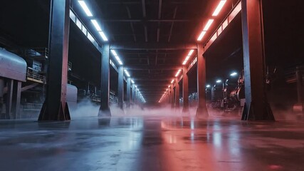 Long industrial hallway illuminated by contrasting neon blue and orange lights reflecting on a misty, wet floor, creating a futuristic and atmospheric scene. - Powered by Adobe