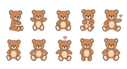 Fototapeta premium Adorable collection of cartoon brown teddy bears in diverse poses and expressions, some holding or displaying heart symbols.