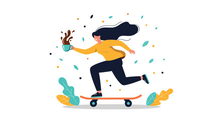 Energetic woman on a skateboard with a spilling coffee mug, rushing through her morning routine with a happy smile.