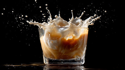 Rich coffee collides with cream in a glass, creating an impressive splash. The dark background highlights the vibrant colors and dynamic movement captured in this striking moment.
